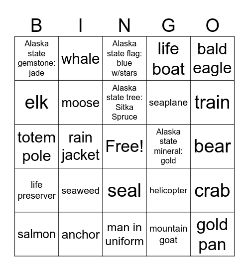 Alaska Bingo Card