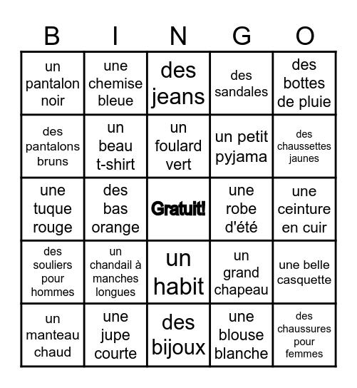 Les vêtements - Débutant Bingo Card