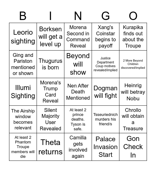 Hunter X Hunter Bingo Card