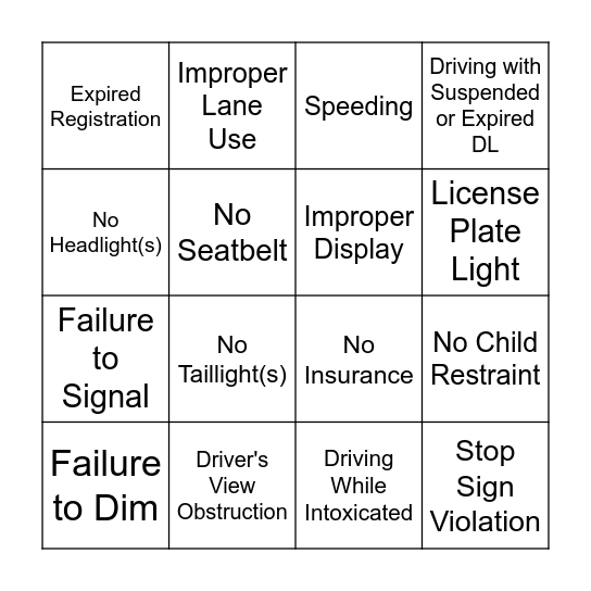 TRAFFIC STOP Bingo Card