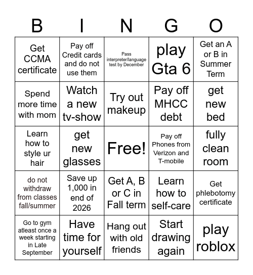 July to December 2026 Bingo Card
