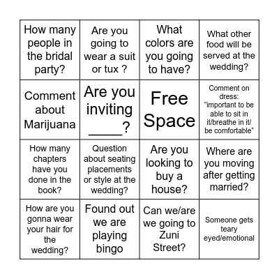 Wedding Dress Weekend Bingo Card