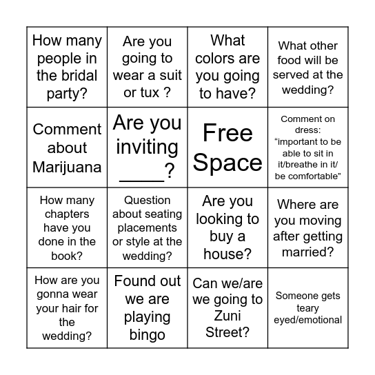 Wedding Dress Weekend Bingo Card