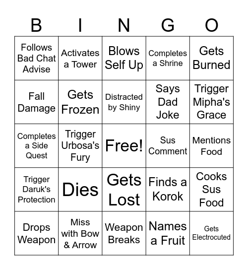 Zelda BotW Streamer Bingo Card