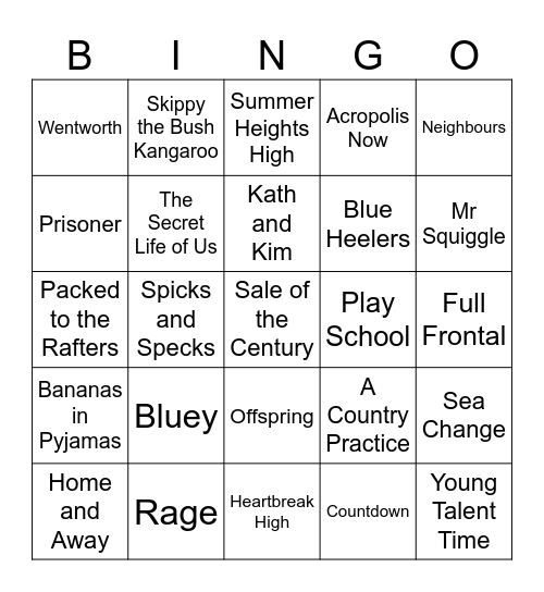 Australian TV Shows Bingo Card