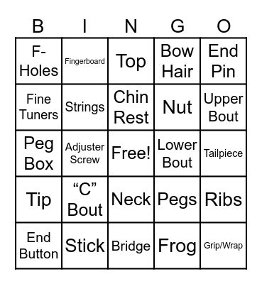 Parts of the Violin Bingo Card