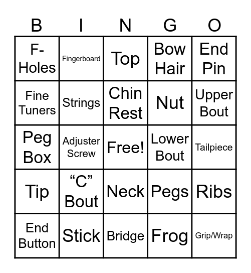 Parts of the Violin Bingo Card