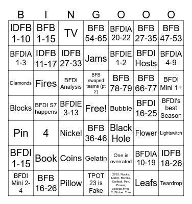 5 new BFDI Videos Bingo Card
