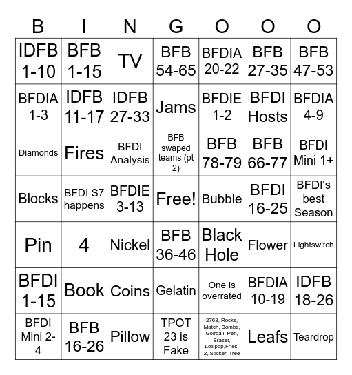 5 new BFDI Videos Bingo Card