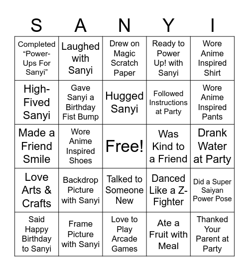 Super Saiyan Bingo Card