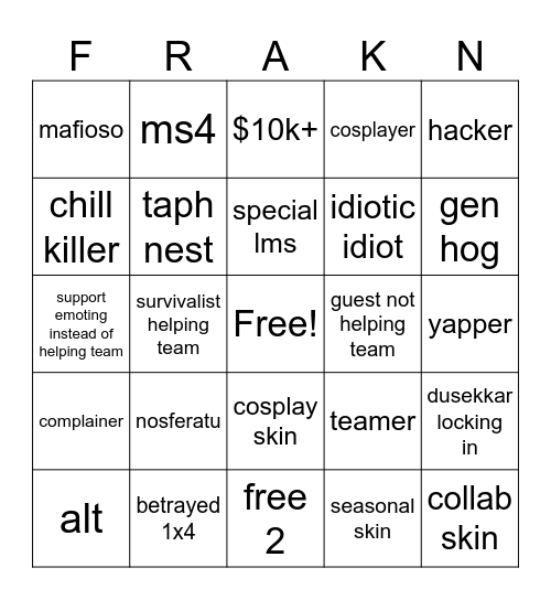 for the saken of en Bingo Card