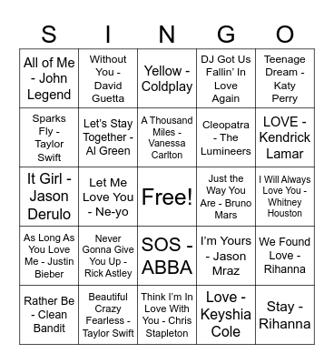McRae's SINGO BINGO By JK Entertainment Bingo Card