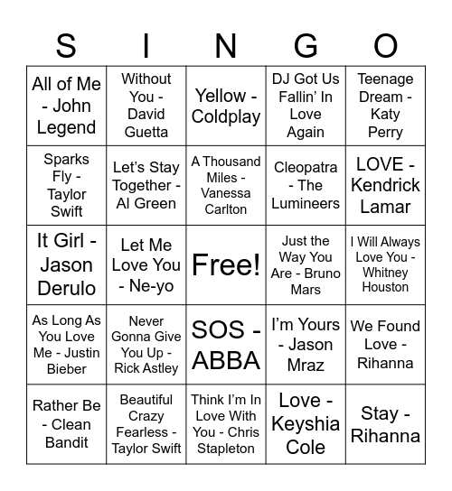 McRae's SINGO BINGO By JK Entertainment Bingo Card