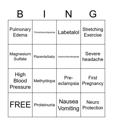 Pre-eclampsia Bingo Card