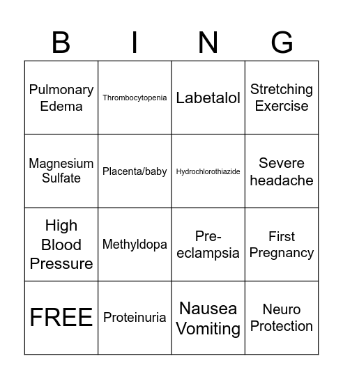 Pre-eclampsia Bingo Card