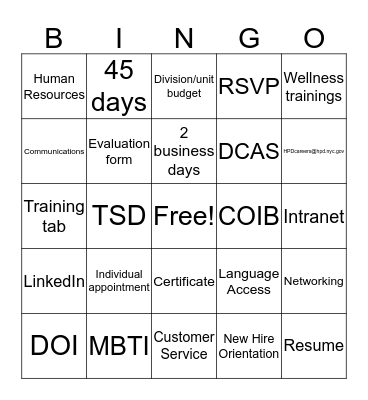 Training & Development  Bingo Card