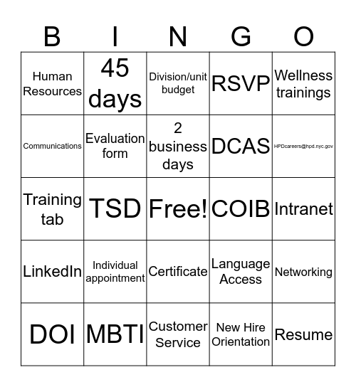 Training & Development  Bingo Card