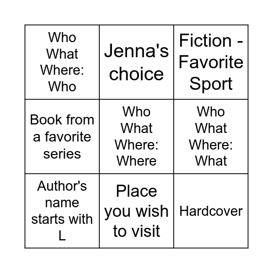 Jenna Bingo Card