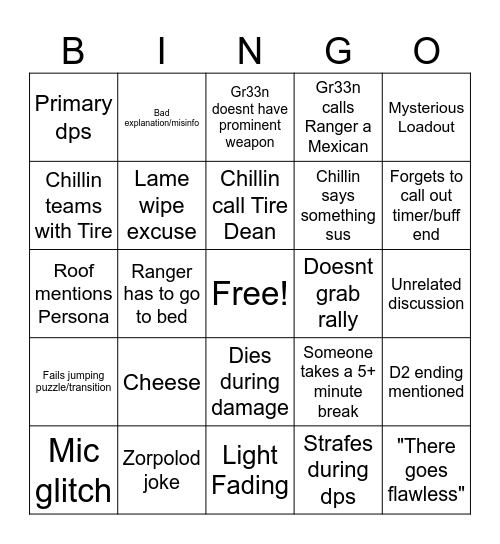 D2 Raid Night Bingo Card