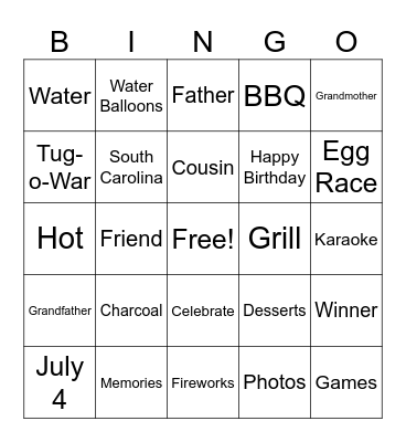 Family and Friends Fun in the Sun Bingo Card
