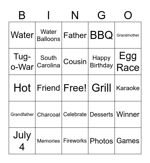 Family and Friends Fun in the Sun Bingo Card
