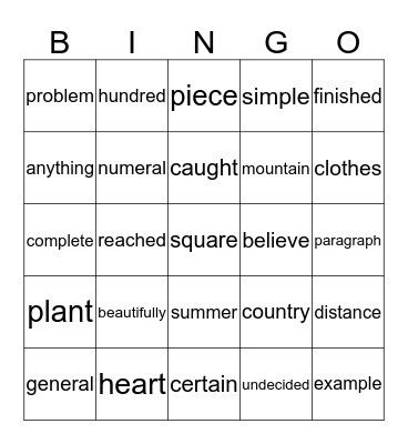 Sight Words Bingo Card