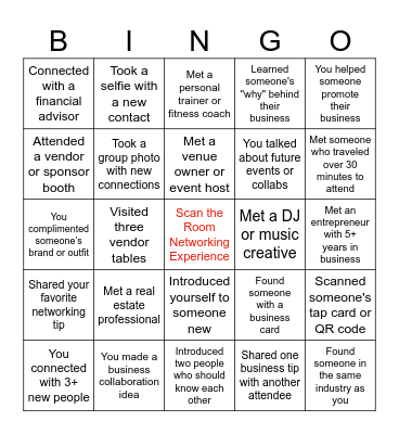 Scan the Room Networking Experience Bingo Card