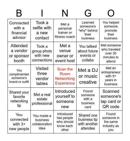 Scan the Room Networking Experience Bingo Card