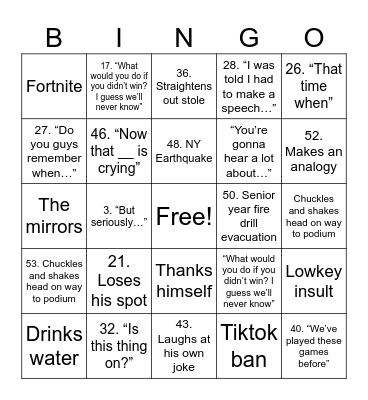 Valedictorian Speech Bingo Card