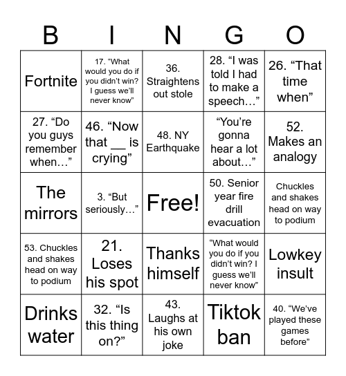 Valedictorian Speech Bingo Card