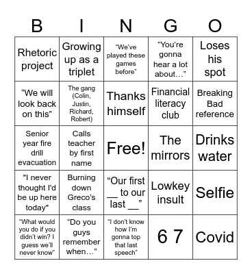 Valedictorian Speech Bingo Card