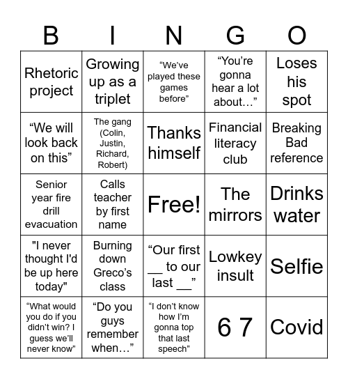 Valedictorian Speech Bingo Card