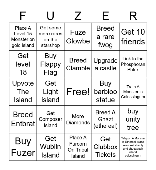 my singing monsters goals Bingo Card