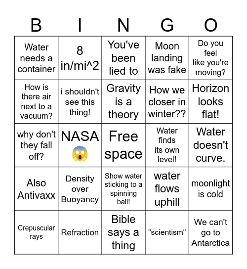 Flat Earther Bingo Card