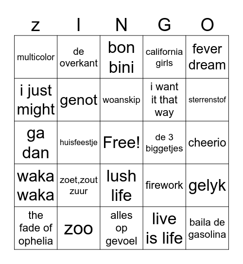 zingo Bingo Card