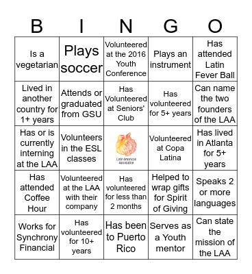 LAA Volunteer Bingo Card