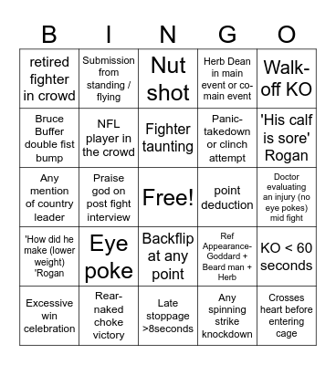 UFC chryex Bingo Card