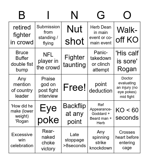 UFC chryex Bingo Card