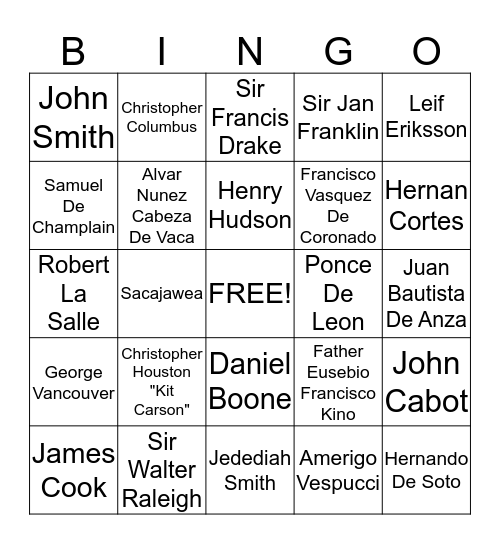 North American Explorers Bingo Card