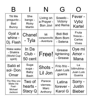 Musical Bingo Card
