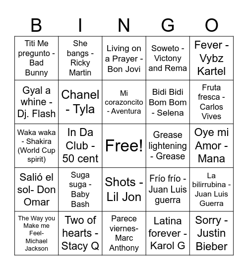 Musical Bingo Card