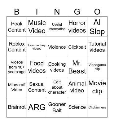 YouTube Bingo Card