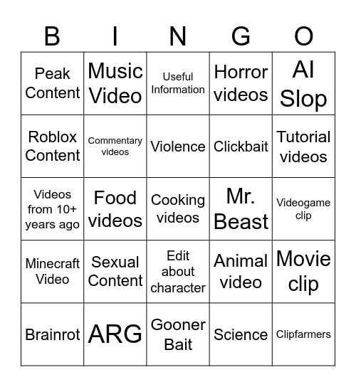 YouTube Bingo Card