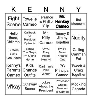 South Park Bingo Card