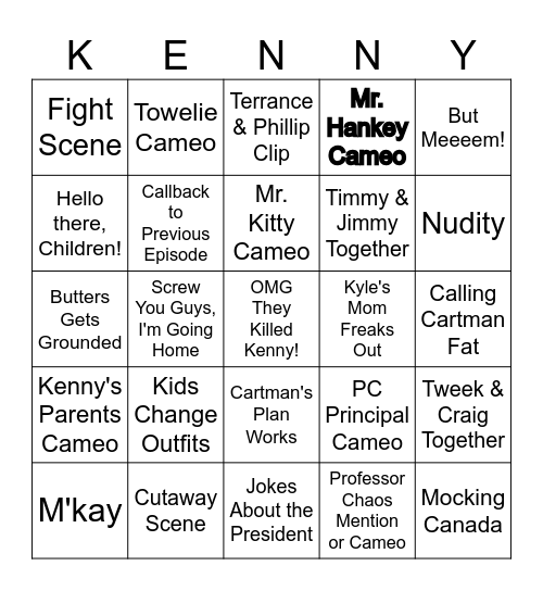 South Park Bingo Card