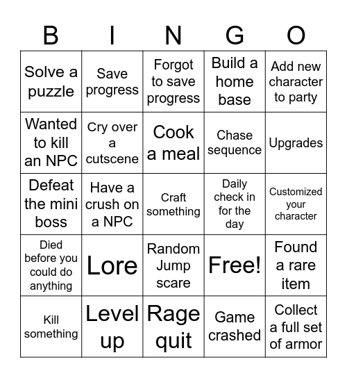 Average video game experience Bingo Card