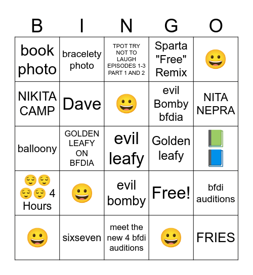 BFDI Bingo Card