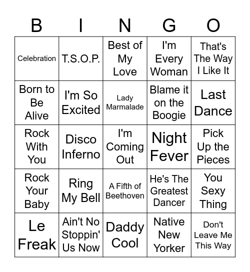Disco Music Bingo Card