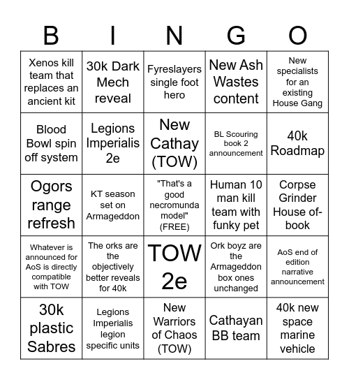 Bingo's Bingo for Warhams Night Bingo Card