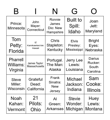 One artist from every state music bingo Card